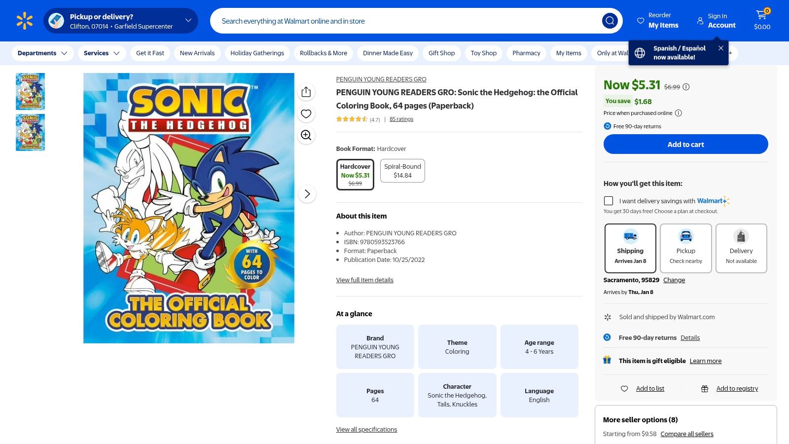 A screenshot of the Walmart website product page for the Sonic the Hedgehog coloring book, showing the cover art and pricing details.