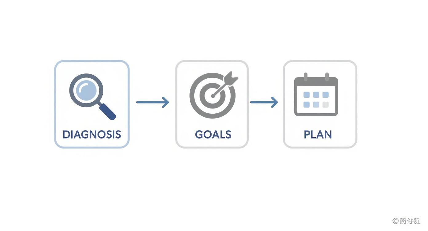 Bilden visar en process med tre steg: Diagnos (förstoringsglas), Mål (måltavla) och Plan (kalender).
