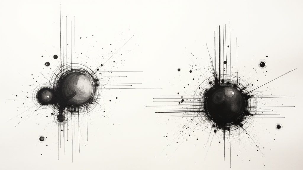 Två abstrakta, svartvita bläckteckningar föreställande centrala sfärer med utstrålande linjer och bläckstänk.