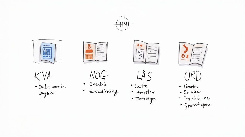 En illustration som visar de fyra delarna av Högskoleprovet: KVA, NOG, LÄS och ORD, med ikoner och nyckelord.