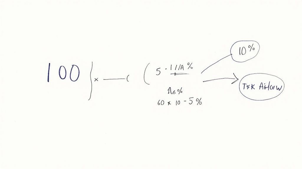 Handskrivna matematiska beräkningar med siffran 100, multiplikationer, procenttal och texten 