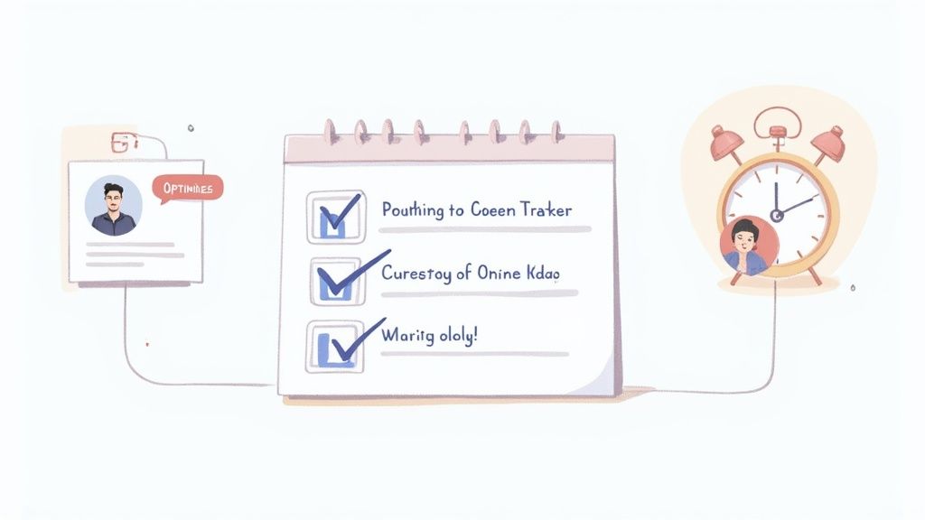 Checklist on notepad showing social selling tasks with profile optimization and time management illustrations