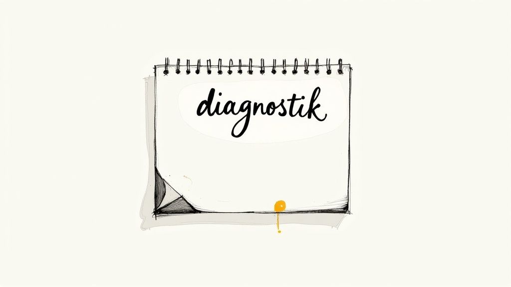 En tecknad spiralbunden anteckningsbok med ordet 