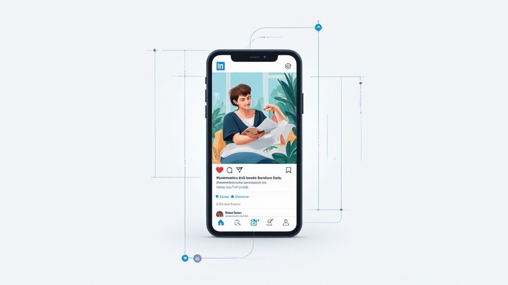A smartphone screen displaying a LinkedIn post with an illustration of a person reading, surrounded by network graphics.