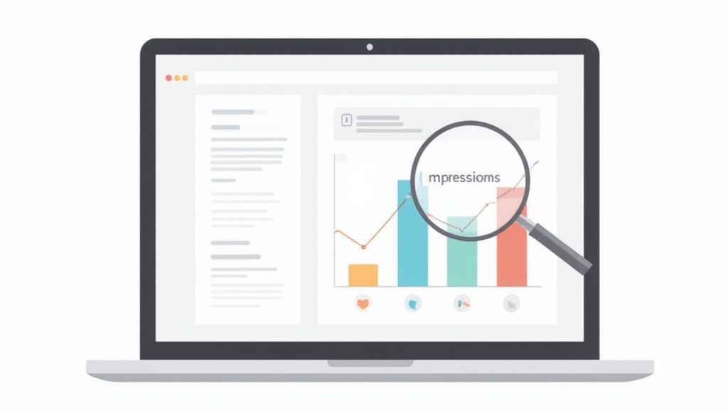 A laptop screen displays data analytics with a graph, highlighting the word 'impressions' with a magnifying glass.