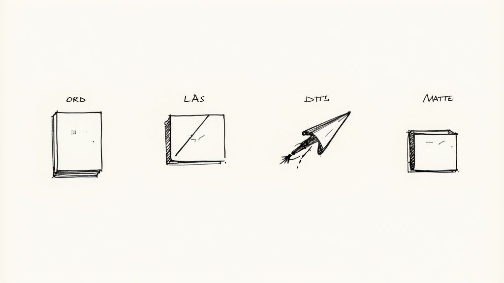 Svartvita skisser av ORD, LAS, DITS (ett pappersflygplan) och MATTE, symboler för studieområden.
