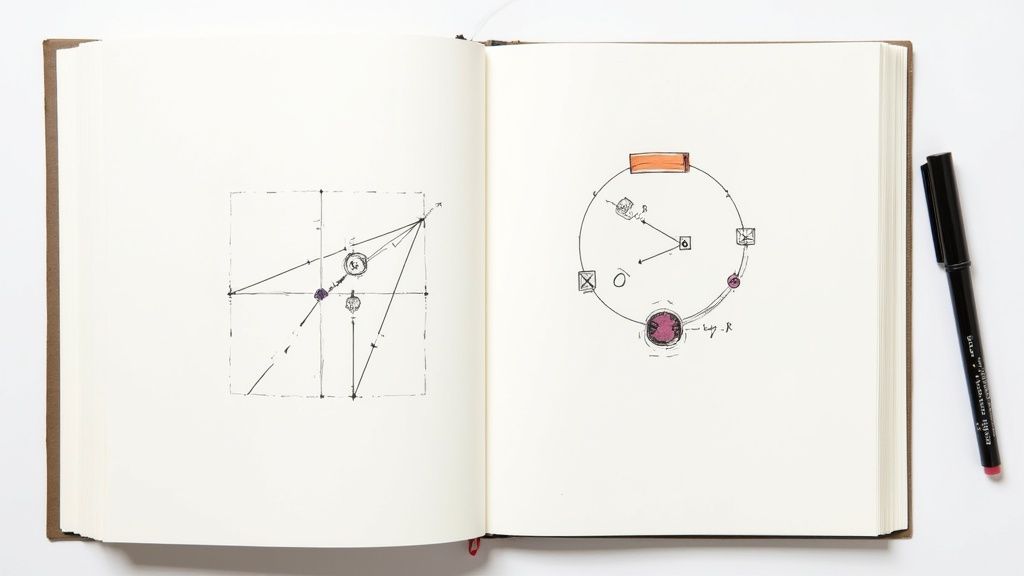 En öppen skissbok visar två handritade diagram med färgade element bredvid en svart penna.
