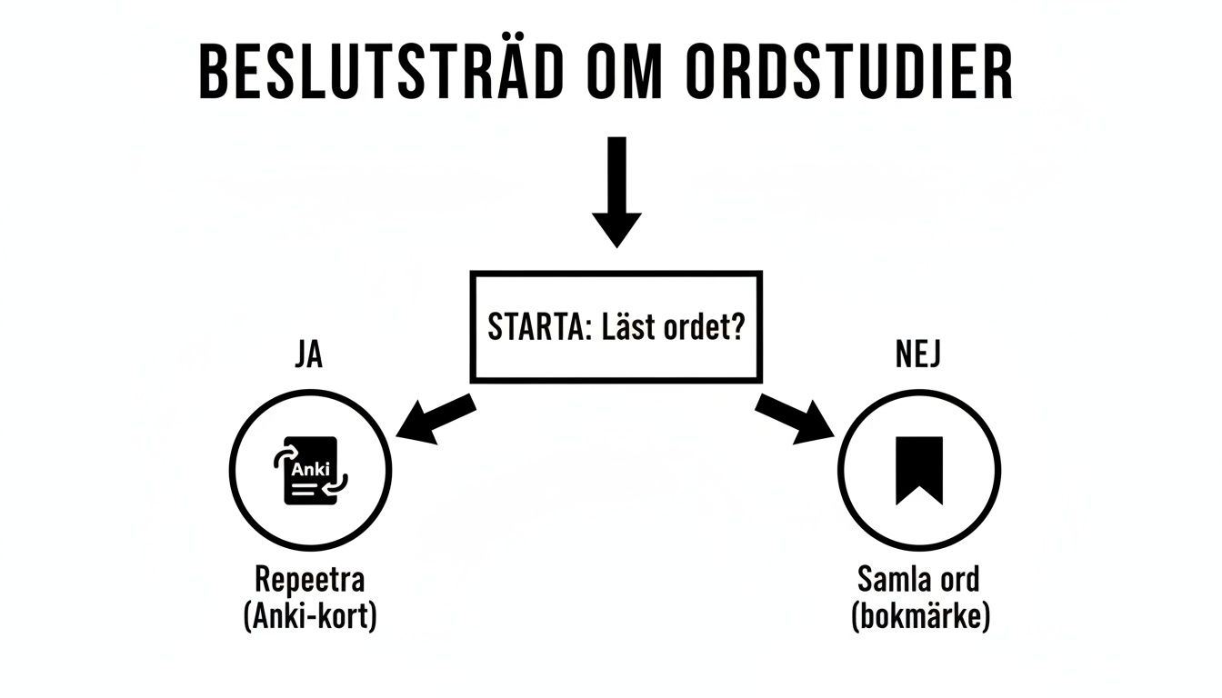 Beslutsträd som vägleder användaren om hur man studerar ord: repetera med Anki-kort eller samla ord med bokmärken.