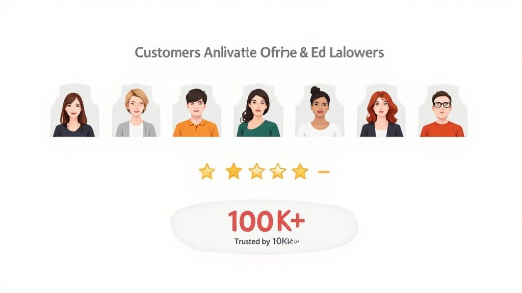 Diverse cartoon customer avatars, five golden stars, and '100K+ Trusted by 10K+' text.