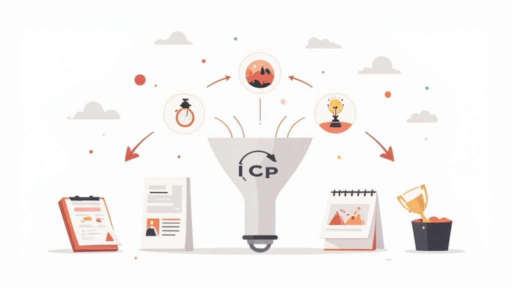 An abstract image showing a content creation process with gears and icons.