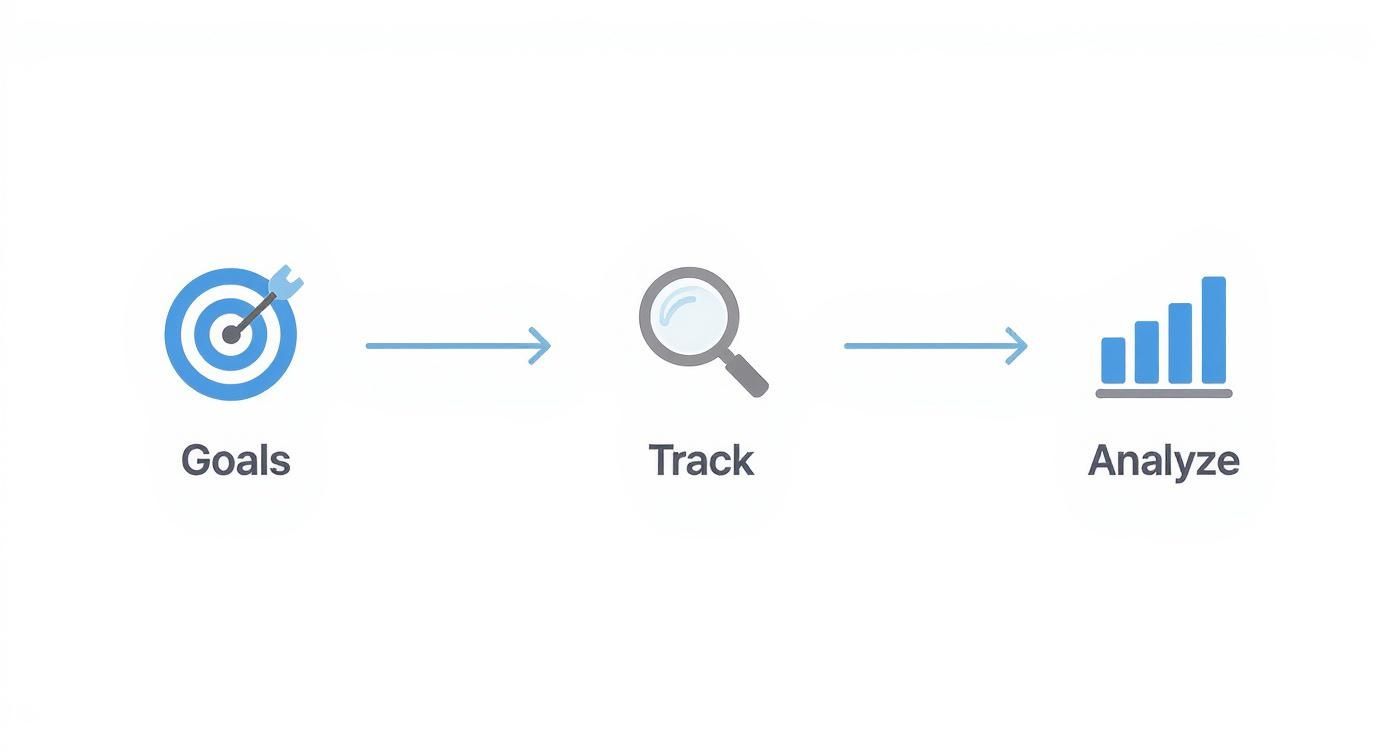 A visual workflow diagram illustrating the steps for performance: Goals, Track, and Analyze, using icons.