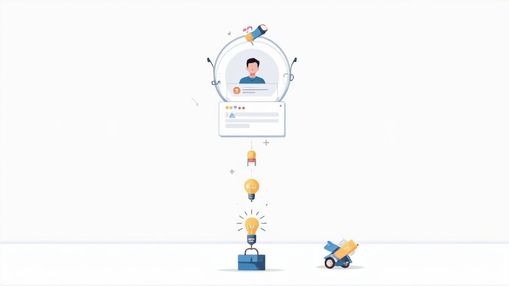 Conceptual illustration depicting a user profile, feedback, evolving ideas, and project delivery elements.