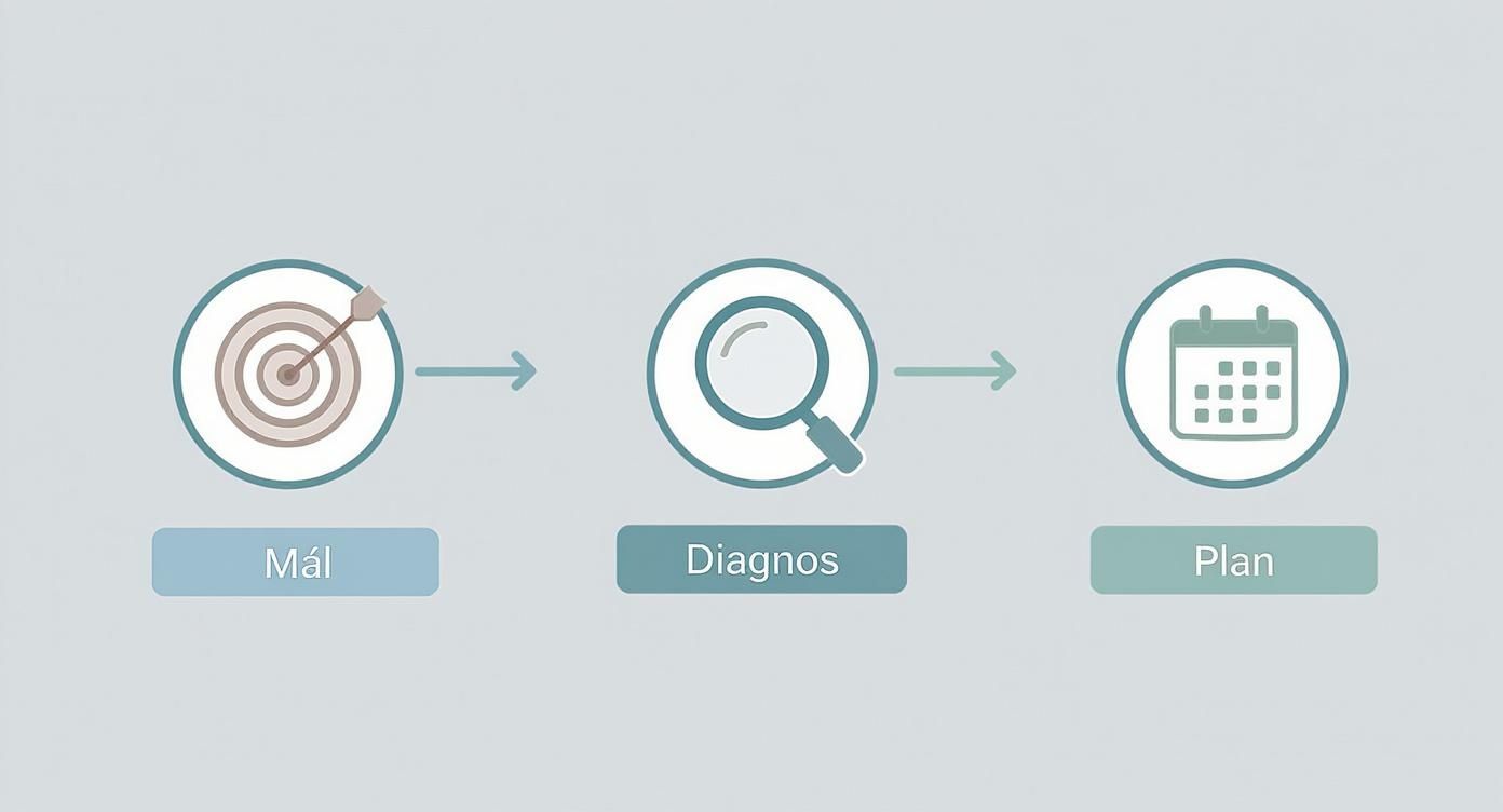 En bild som illustrerar en trestegsprocess: Mål med en måltavla, Diagnos med ett förstoringsglas och Plan med en kalender.