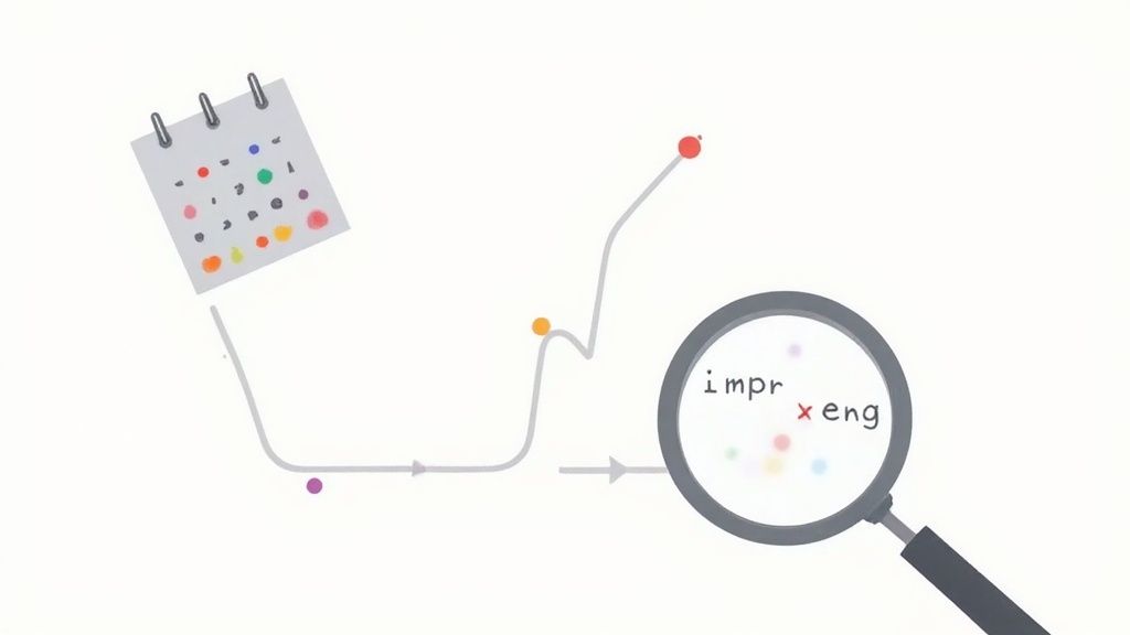 A calendar timeline leads to a magnifying glass analyzing impressions and engagement data.