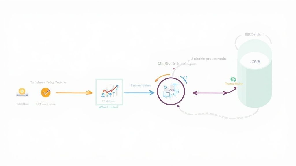 A diagram illustrating a data flow or workflow, showing several interconnected stages from email processing to data storage.