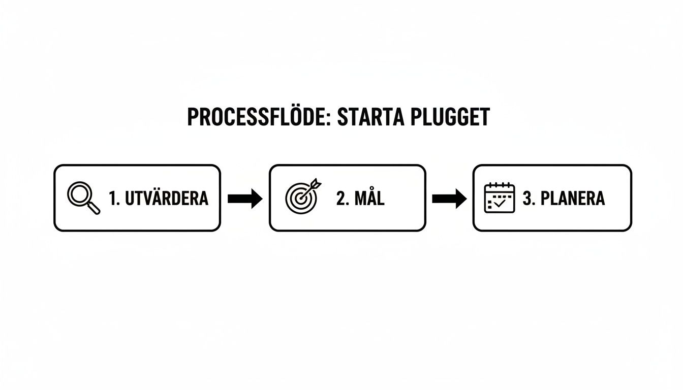 Ett processflödesdiagram med rubriken 'Starta Plugget', som visar tre steg: 1. Utvärdera, 2. Mål och 3. Planera.