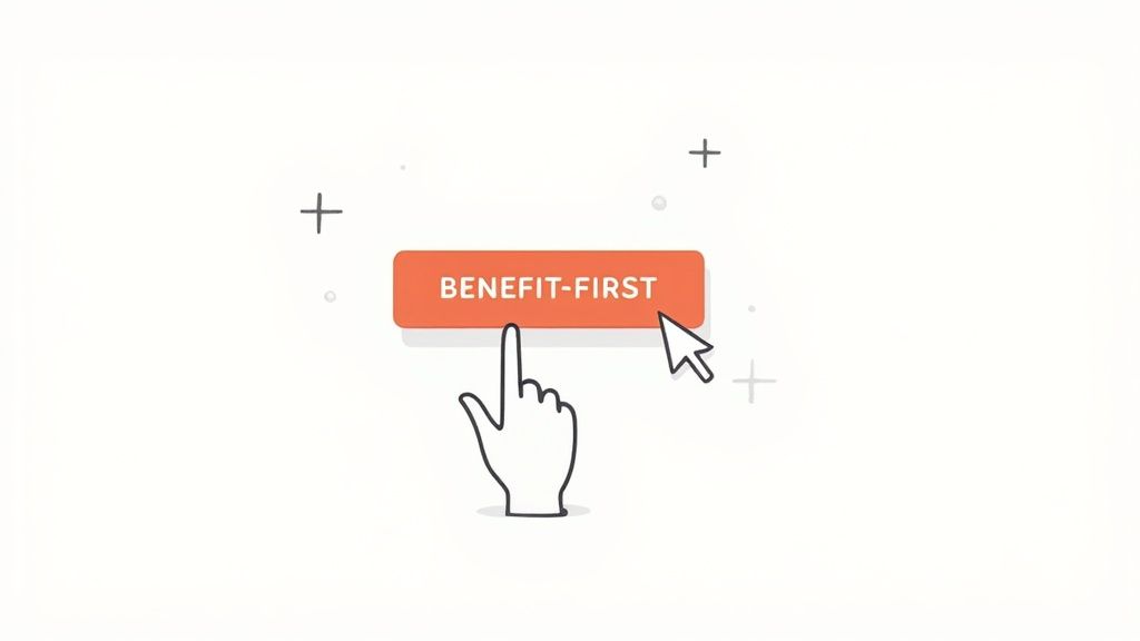 A hand cursor points at an orange button labeled 'BENEFIT-FIRST', with a mouse cursor also present.