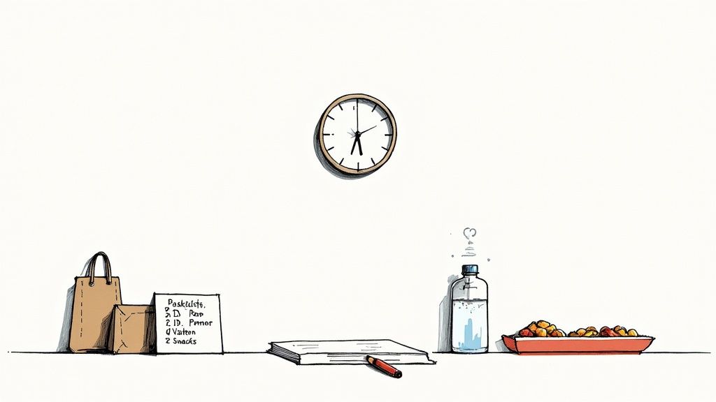 En illustration av en organiserad studieplats med en klocka, inköpslista, bok, vattenflaska och snacks.