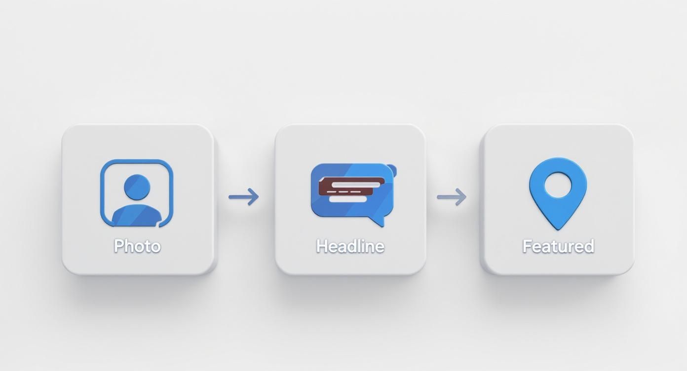Three step LinkedIn profile optimization process showing photo, headline, and featured section icons