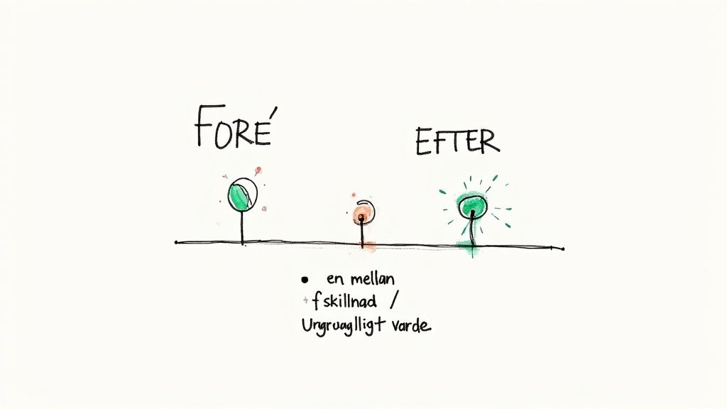 Illustration som visar skillnaden före och efter: en växt växer mellan fröplanta och fullt utvecklad växt