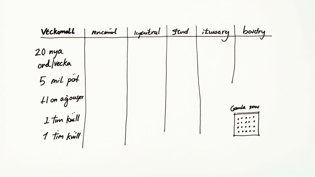 Handskriven tabell med veckomål för studier, inklusive 20 nya ord/vecka, träning och gamla prov.