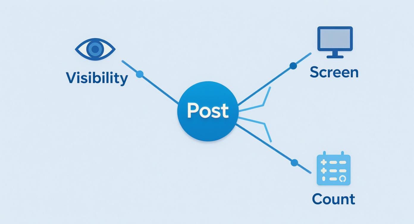Diagram showing a central 'Post' node connected to 'Visibility' (eye icon), 'Screen' (monitor icon), and 'Count' (calendar icon).