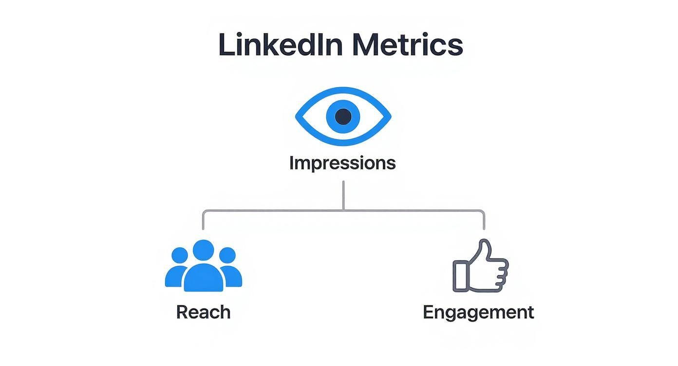 A diagram illustrating LinkedIn metrics, showing Impressions leading to Reach and Engagement.