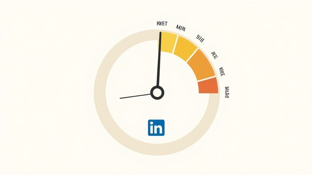 A LinkedIn branded clock graphic depicting recommended posting times across different colored segments.