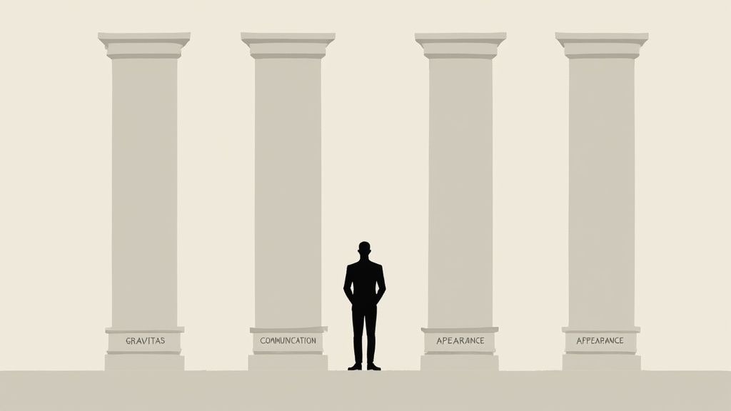 A group of professionals in a modern office, engaged in a discussion, illustrating executive presence in action.