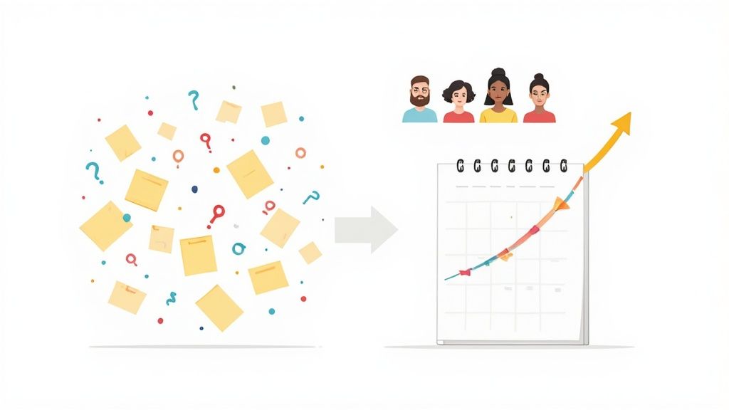 Team organizing scattered ideas and questions into a structured content calendar with growth.