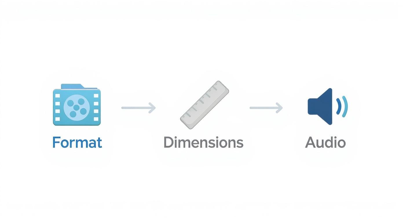 Diagram showing a workflow for video settings, with icons representing Format, Dimensions, and Audio.