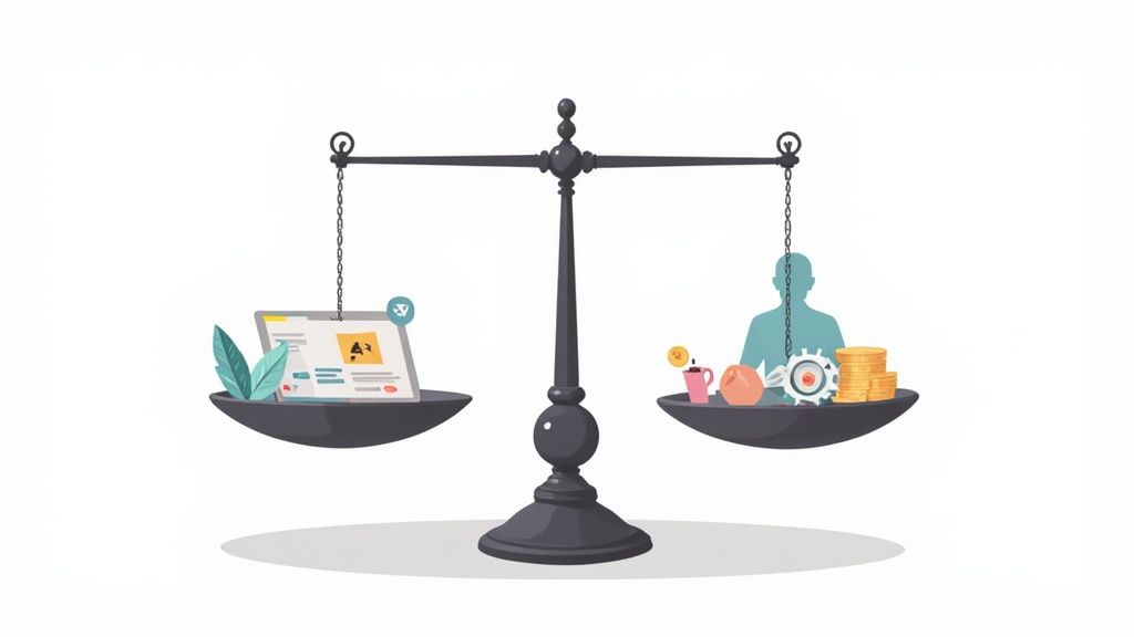 A balance scale shows digital work and nature lighter than human effort and financial resources.