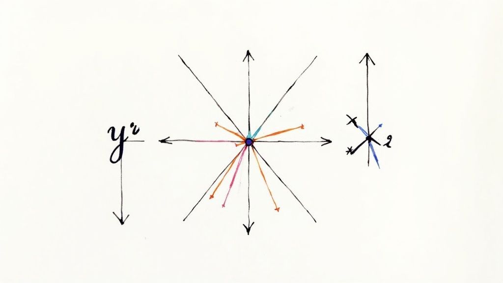 Diagram med en y^r-beteckning och två stjärnliknande representationer av vektorer.