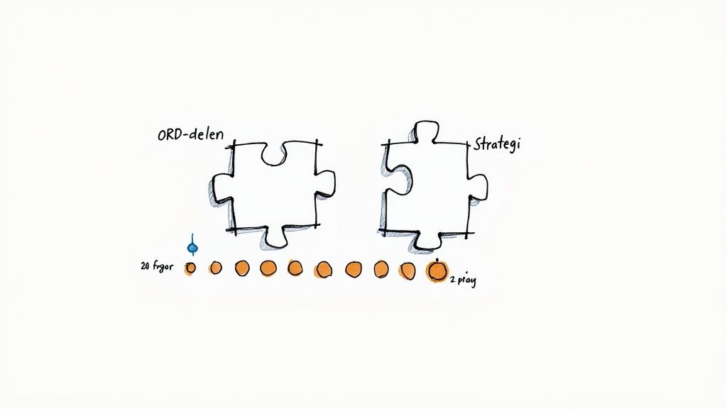 Bild som visar två pusselbitar, 'ORD-delen' och 'Strategi', med cirklar och texten '20 frågor' och '2 play' under.