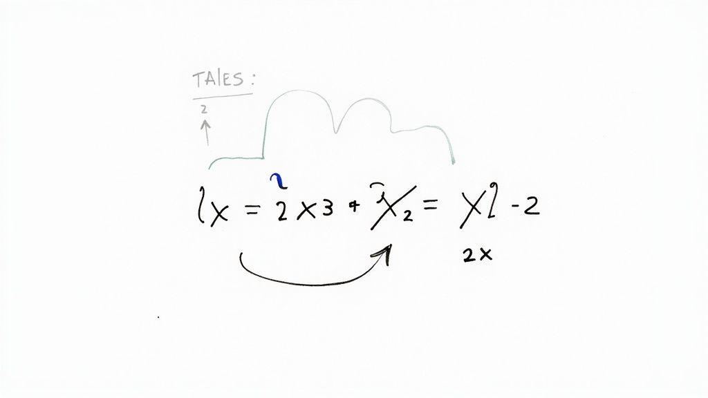Handskriven matematisk formel på en vit tavla, inklusive ekvationer och överkryssade termer med en pil.