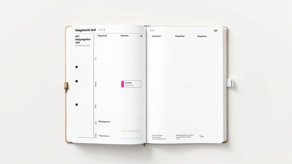 En öppen anteckningsbok med planering och diagnostiska tester, inklusive sektioner för Högskoleprovet.