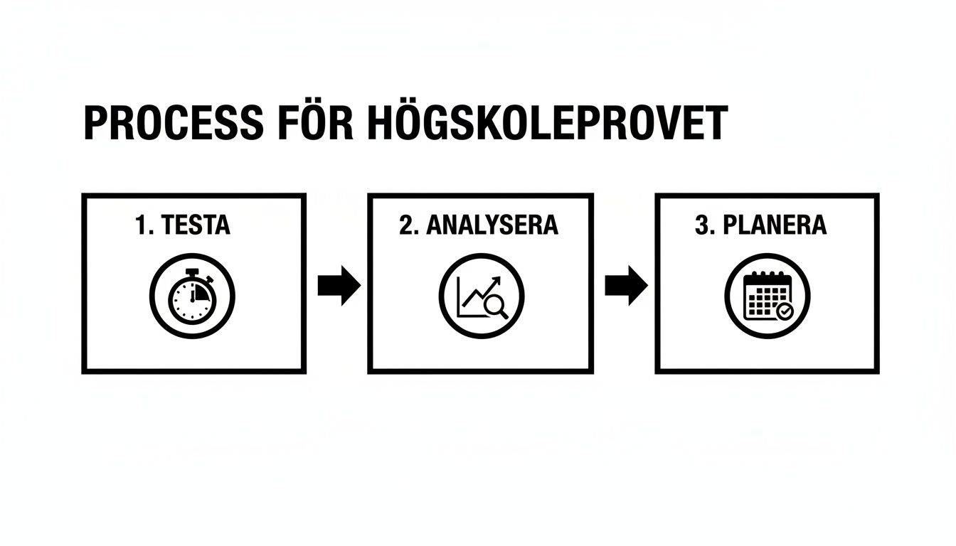 En grafisk illustration som visar processen för Högskoleprovet i tre steg: testa, analysera och planera.