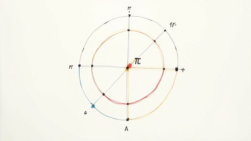 Diagram som visar två koncentriska cirklar med axlar, punkter och matematiska symboler som 'π' och 'r'.
