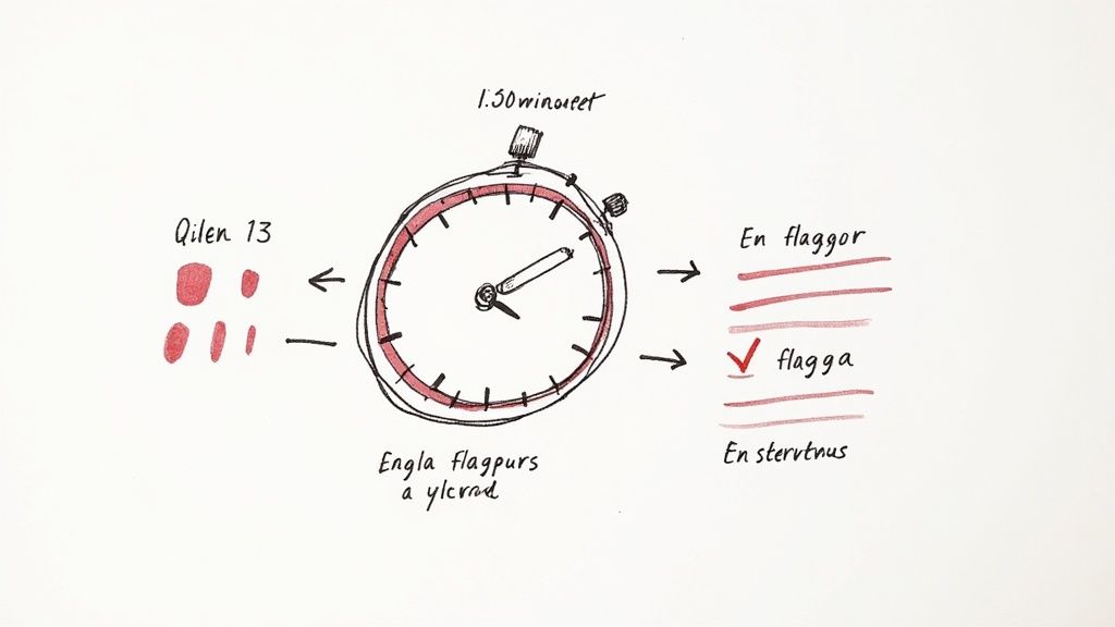 En illustration av ett stoppur som relaterar till tid, markeringar och text på en vit bakgrund.