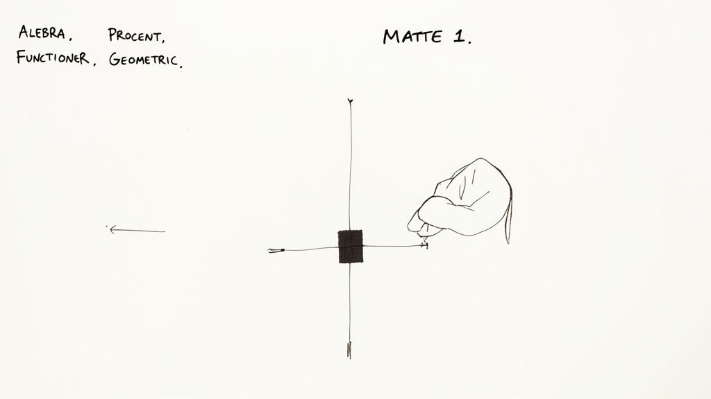 En bild med handskriven text som listar matematiska ämnen som algebra, procent, funktioner och geometri. Ett diagram med ett kors och en hand som ritar.