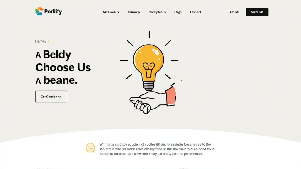A website design featuring a vibrant logo, navigation, and a large lightbulb illustration over a hand.