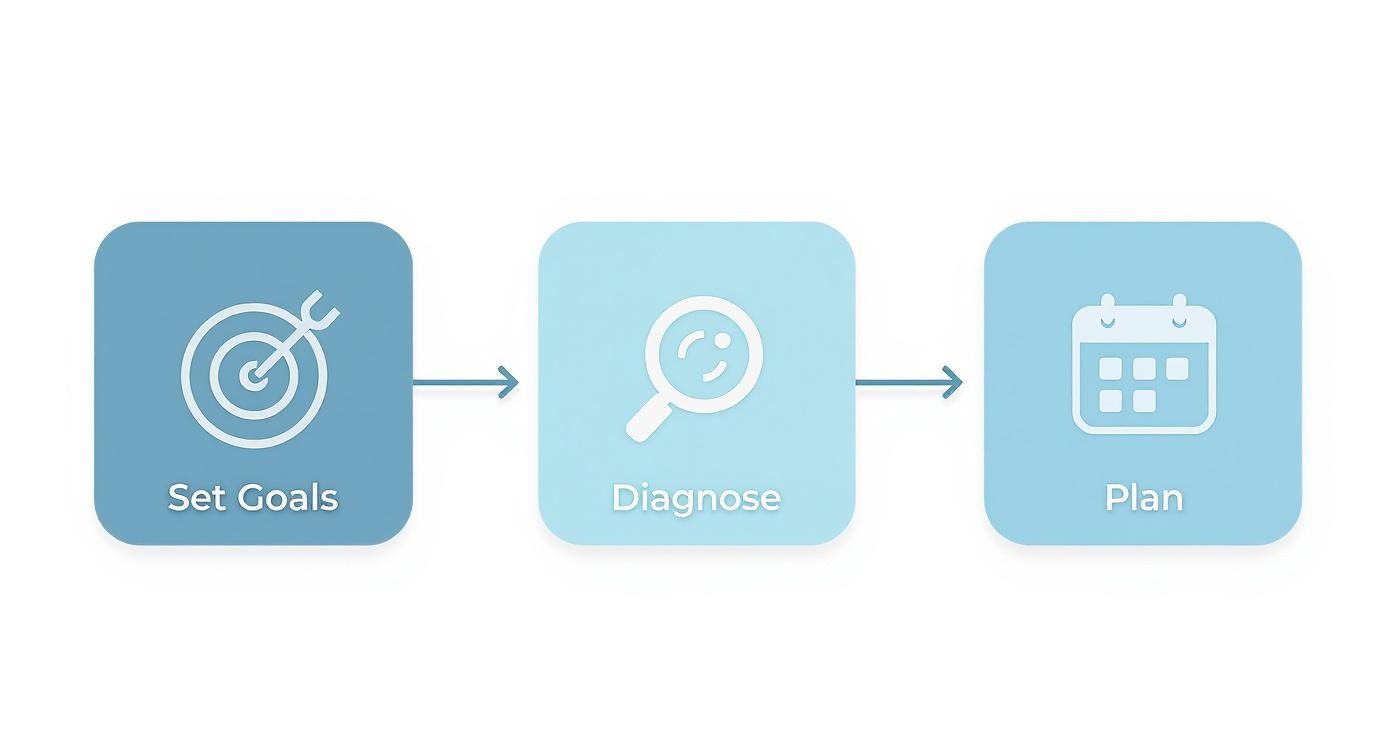 En visuell representation av en process i tre steg: Sätt mål (måltavla), Diagnostisera (förstoringsglas) och Planera (kalender).