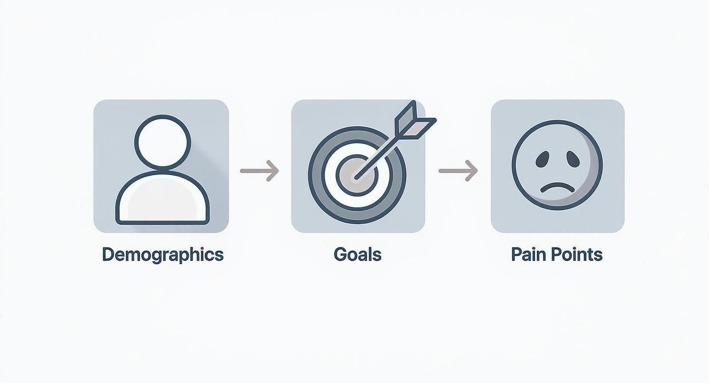 Three-step buyer persona process showing demographics, goals, and pain points with icons
