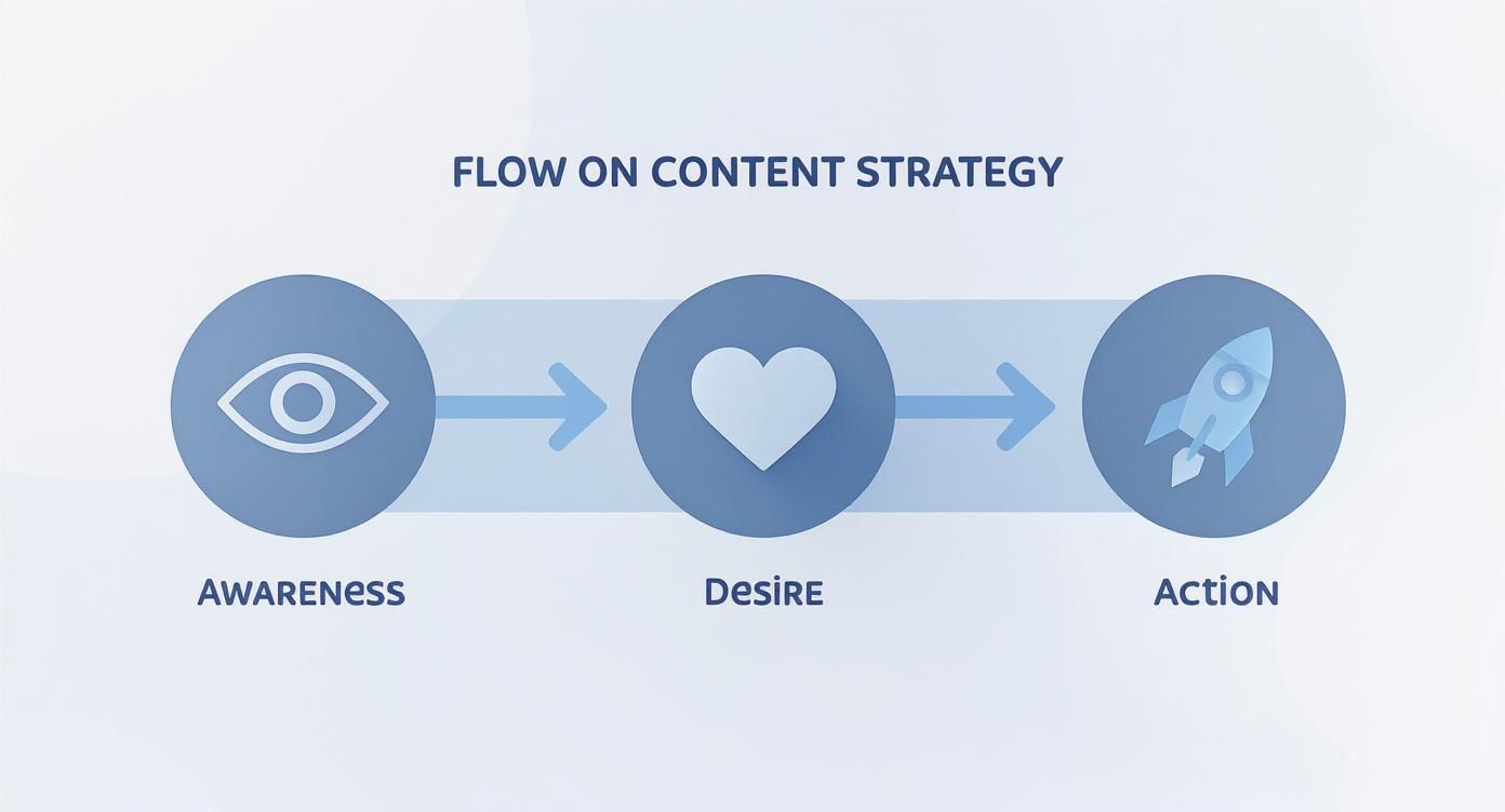 A visual flow diagram illustrating content strategy stages: awareness (eye), desire (heart), and action (rocket).