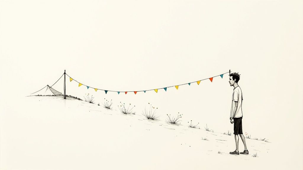 En teckning av en man som tittar på en girlang med färgglada vimplar fäst vid hans huvud och ett tält i bakgrunden.