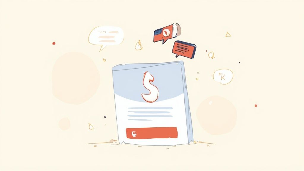 Illustration of a document or application screen with an 'S' logo, text, a button, and floating speech bubbles.
