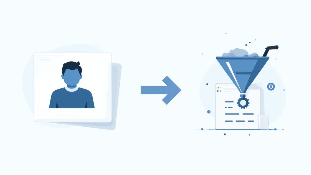 Illustration showing a user icon flowing through a sales funnel, representing lead processing or data management.