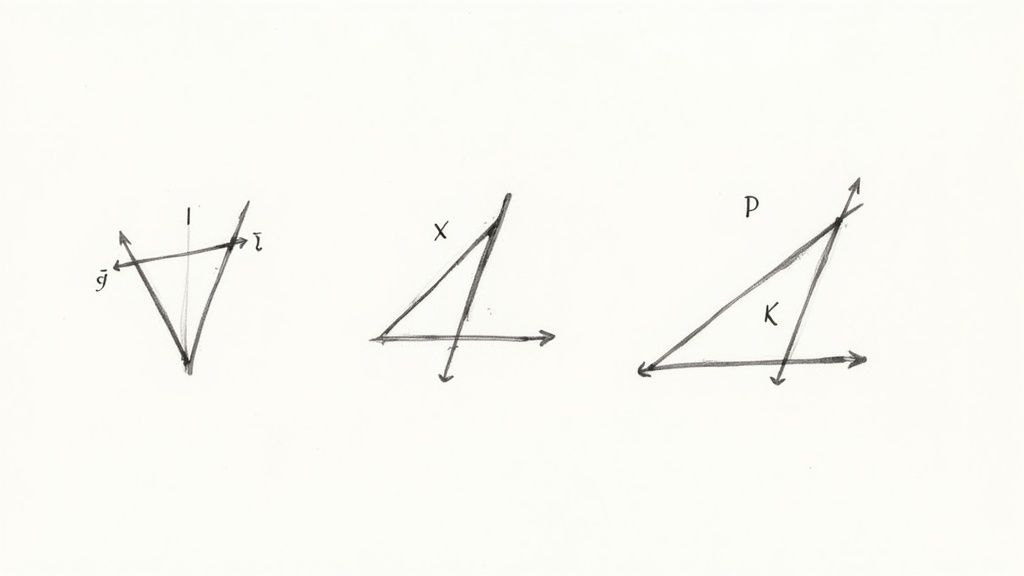 Tre handritade geometriska diagram som visar trianglar, linjer och pilar, troligen för matematikstudier.