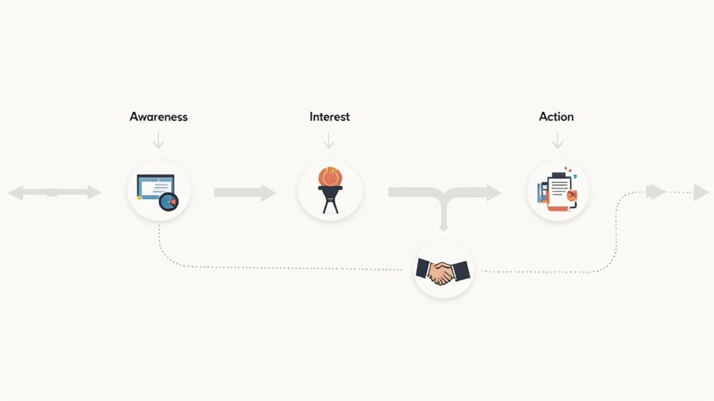 Sales funnel diagram illustrating the customer journey through Awareness, Interest, and Action stages.