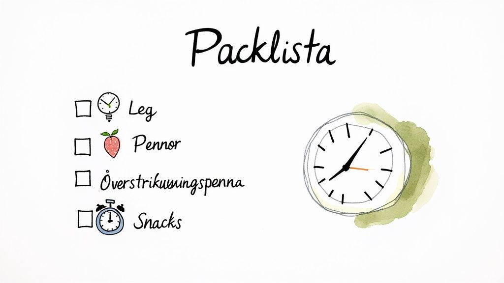 En handskriven packlista med checklistor för Leg, pennor, överstrykningspenna och snacks, samt en stor klocka.